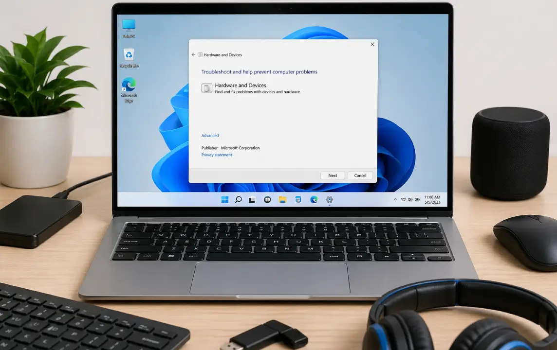 Windows Hardware and Devices Troubleshooter: How to Run It in Windows 11 + PLC Testing Guide 2 Windows 11 hardware and devices troubleshooter running on a laptop with connected devices like USB, headphones, and external drive on a modern workspace