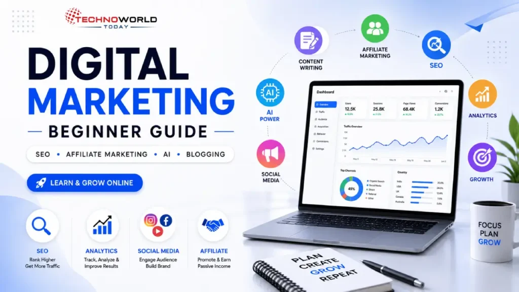 Modern digital marketing beginner guide banner featuring SEO, affiliate marketing, AI, analytics, and blogging concepts with a clean minimal laptop dashboard design.