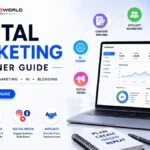 Modern digital marketing beginner guide banner featuring SEO, affiliate marketing, AI, analytics, and blogging concepts with a clean minimal laptop dashboard design.