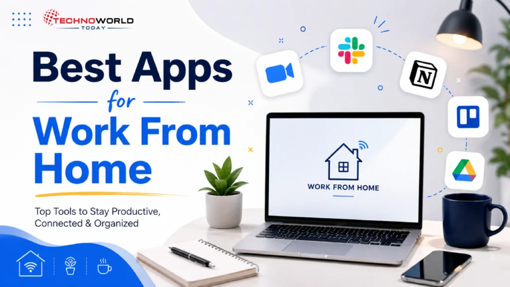 Best Apps for Work From Home in 2026: Tools That Actually Improve Productivity 3 Modern remote work setup with productivity apps displayed on laptop and smartphone screens