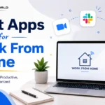 Modern remote work setup with productivity apps displayed on laptop and smartphone screens