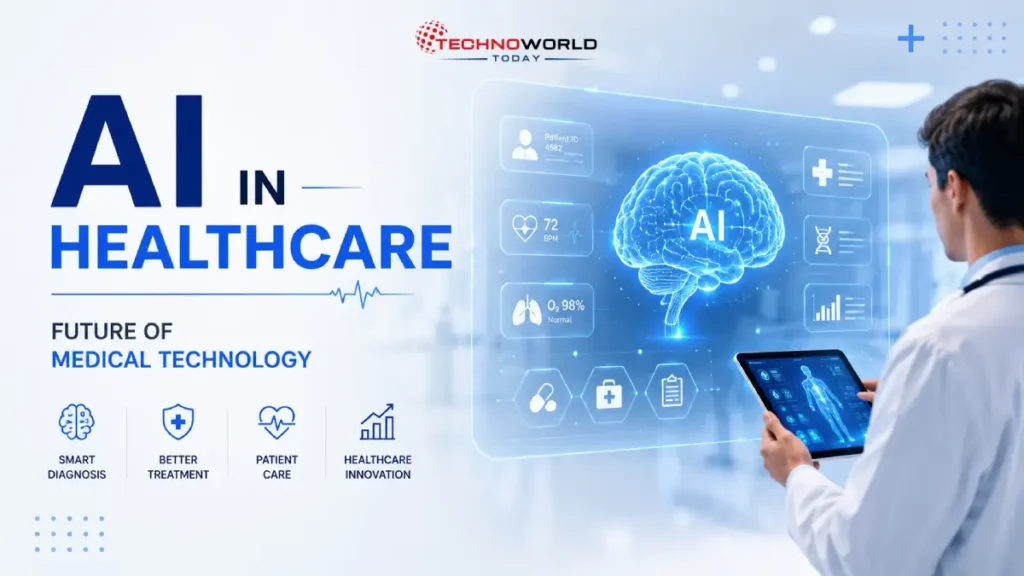 AI in healthcare technology helping doctors analyze medical data in a modern hospital