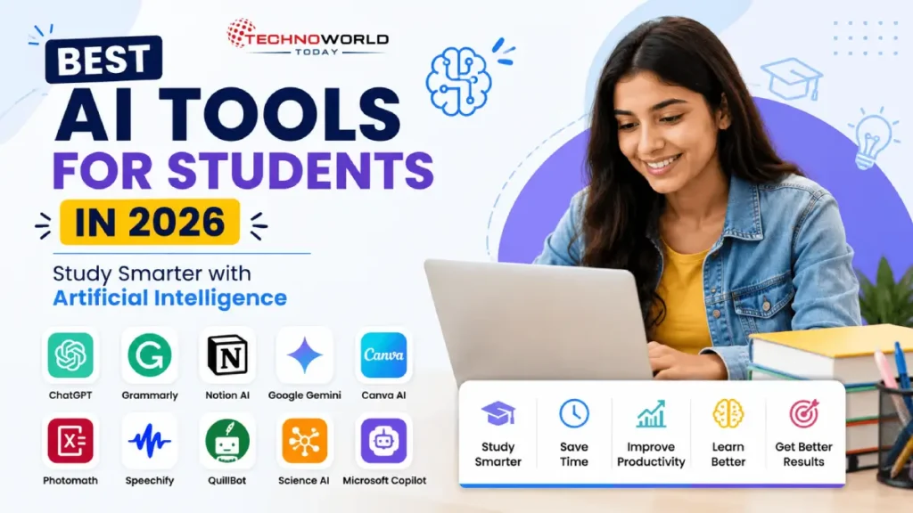 Best AI Tools for Students in 2026 infographic showing ChatGPT, Grammarly, Notion AI, Canva AI, Google Gemini, and other AI study tools for smarter learning and productivity