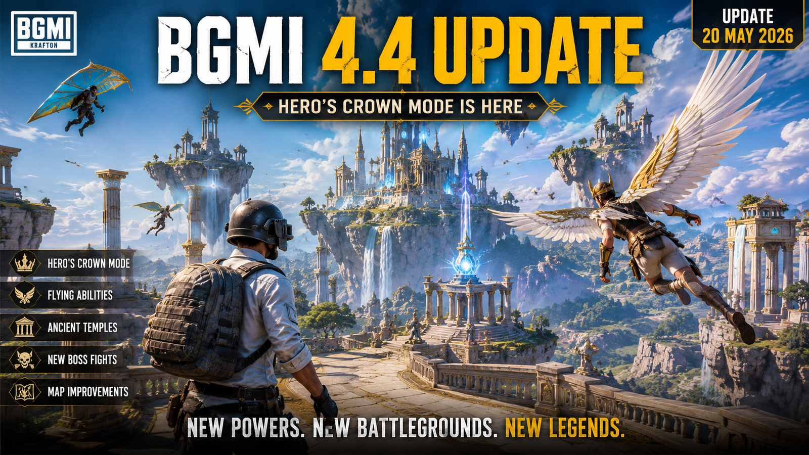 BGMI 4.4 Update Released: New Hero’s Crown Mode, Flying Powers, Ancient Temples & More 2 BGMI 4.4 update featured image showing Hero’s Crown mode, flying abilities, ancient temples, and new battlegrounds in Battlegrounds Mobile India.
