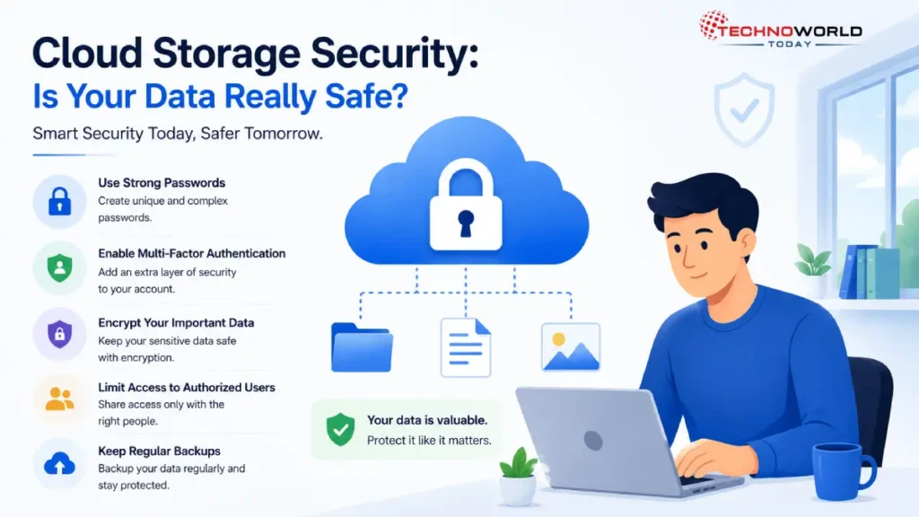 Cloud Storage Security: Is Your Data Really Safe? 18 Modern 16:9 illustration showing secure cloud storage with cloud lock icon, cybersecurity elements, and a person working on a laptop in a clean professional workspace.