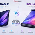 Foldable vs Rollable smartphones comparison with futuristic minimal design and expandable phone displays