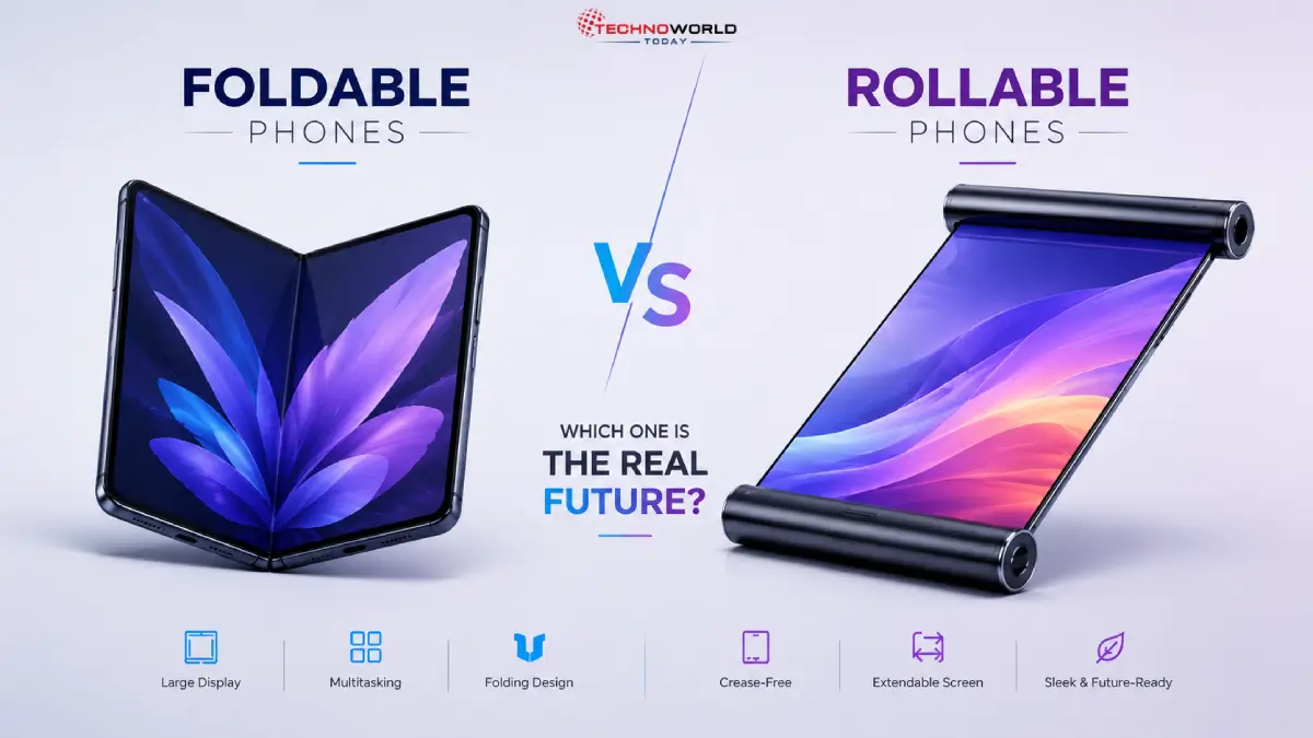 Foldable vs Rollable Phones: Which is the true future of smartphones? 2 Foldable vs Rollable smartphones comparison with futuristic minimal design and expandable phone displays