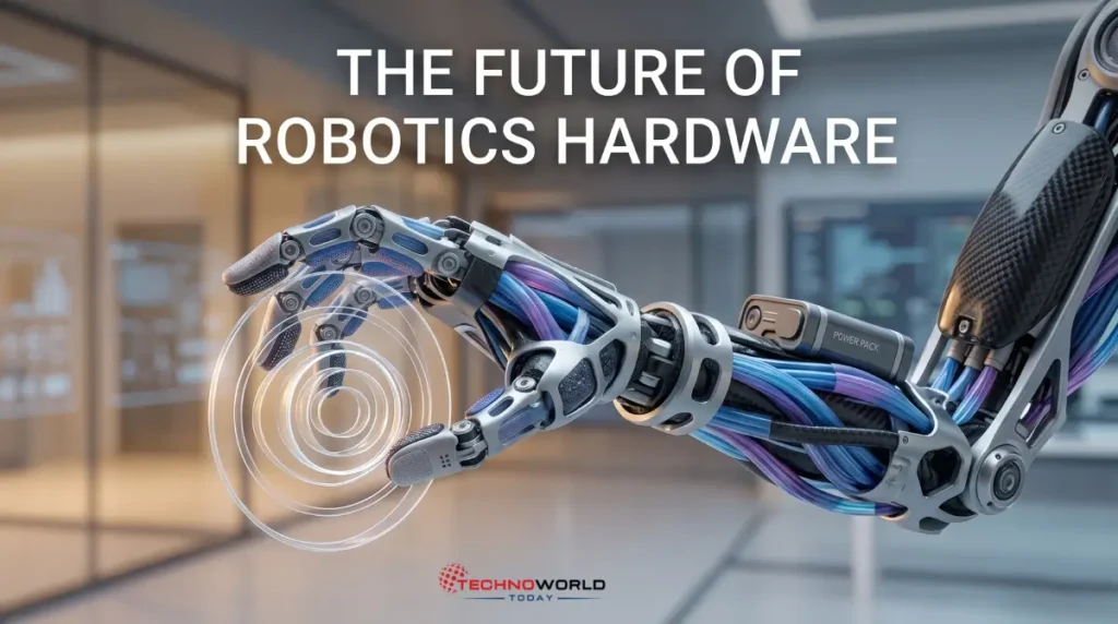 The Future of Robotics Hardware: Next-Gen Engineering Advancements and Trends 11 An advanced humanoid robotic arm showcasing next-gen smart actuators and soft robotics hardware engineering advancements