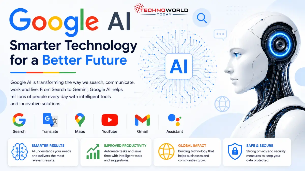 What is Google AI? Complete information about uses and future 2 Google AI smarter technology for a better future featured image with futuristic AI robot and Google tools