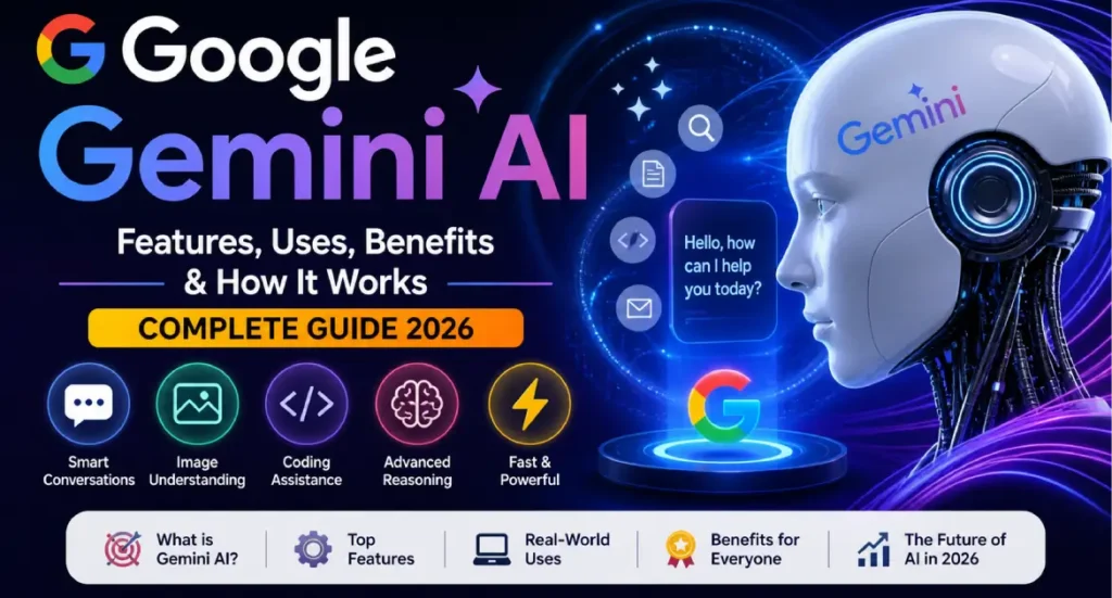 Google Gemini AI: Features, Uses, Benefits & How It Works - Complete Guide 6 Google Gemini AI features, uses, benefits and how it works complete guide 2026 with futuristic AI robot illustration