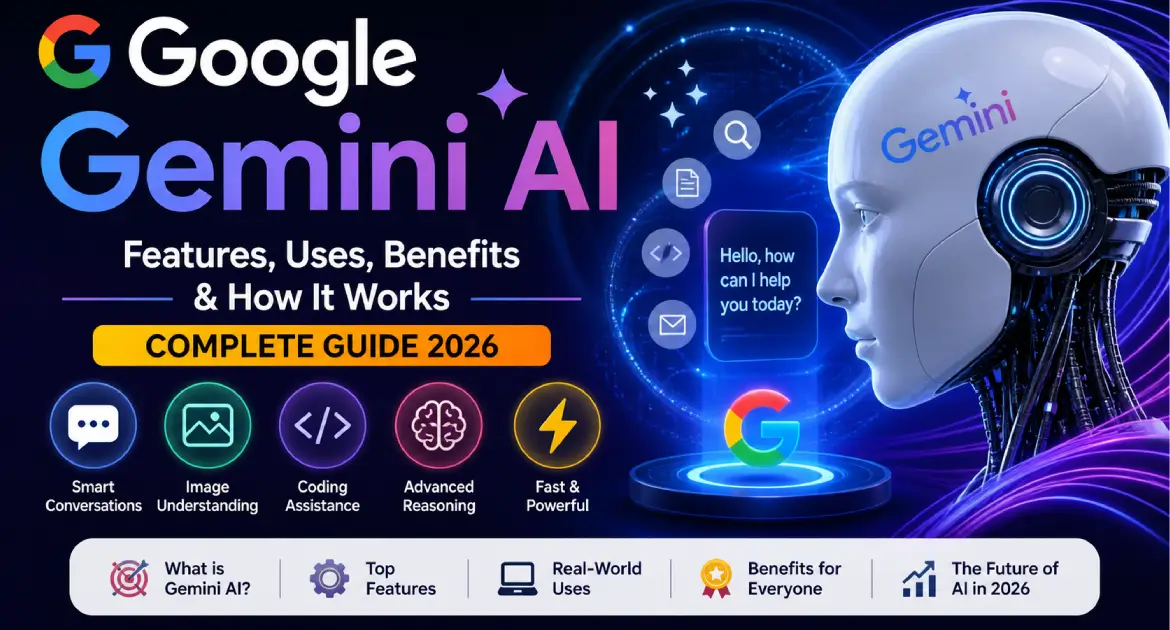 Google Gemini AI features, uses, benefits and how it works complete guide 2026 with futuristic AI robot illustration