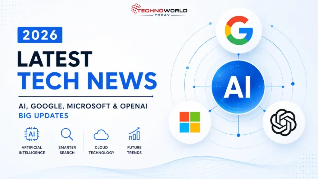 Latest Tech News 2026 featured image showing AI, Google, Microsoft and OpenAI updates with modern futuristic technology design