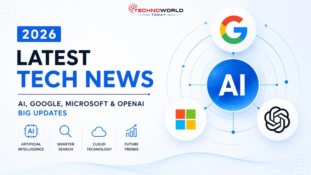 Latest Tech News 2026 featured image showing AI, Google, Microsoft and OpenAI updates with modern futuristic technology design