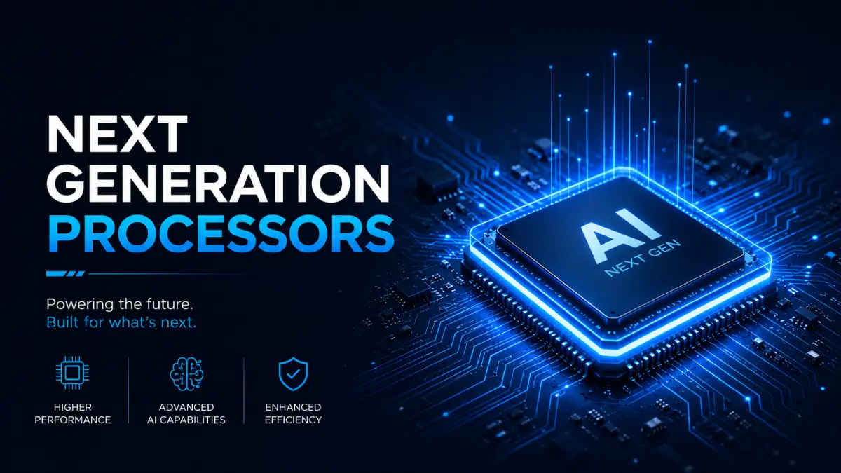 Next Generation Processors: The Technology That Will Power the Future 2 Modern futuristic processor chip glowing on a motherboard with AI-powered circuitry