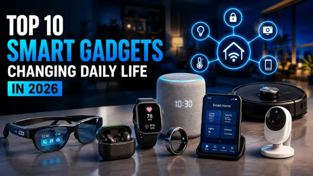 Top 10 smart gadgets changing daily life in 2026 featuring AI smart glasses, smartwatch, smart home devices, robot vacuum, and futuristic technology setup