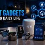 Top 10 smart gadgets changing daily life in 2026 featuring AI smart glasses, smartwatch, smart home devices, robot vacuum, and futuristic technology setup