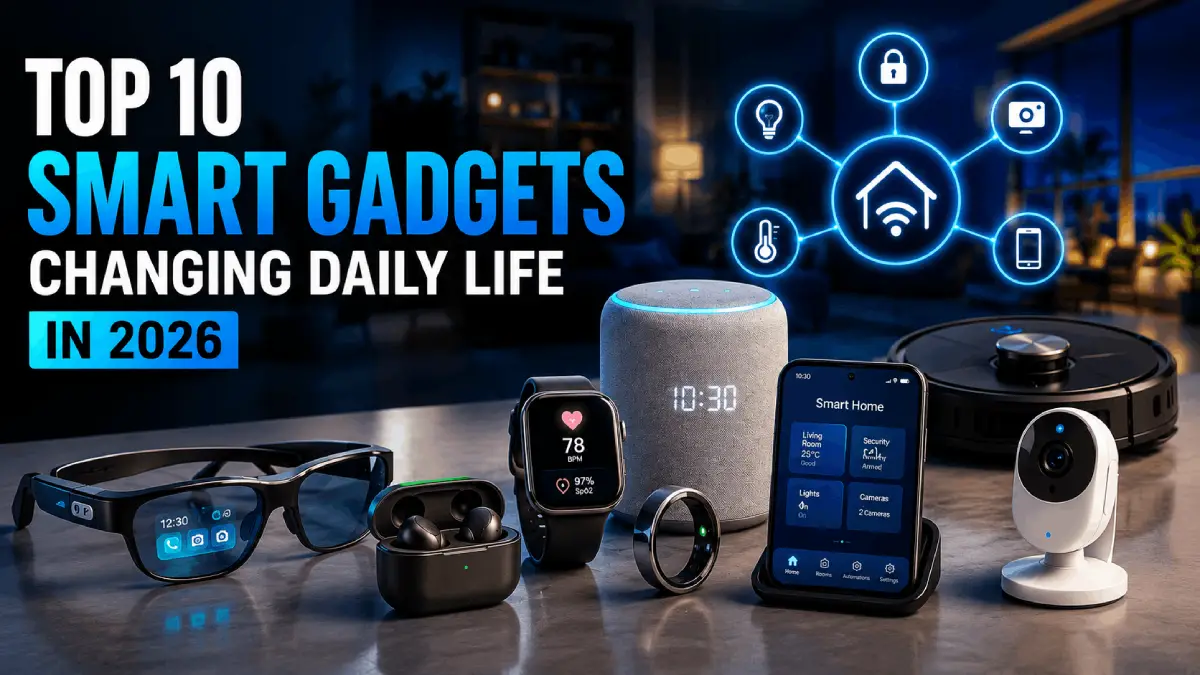Top 10 smart gadgets changing daily life in 2026 featuring AI smart glasses, smartwatch, smart home devices, robot vacuum, and futuristic technology setup
