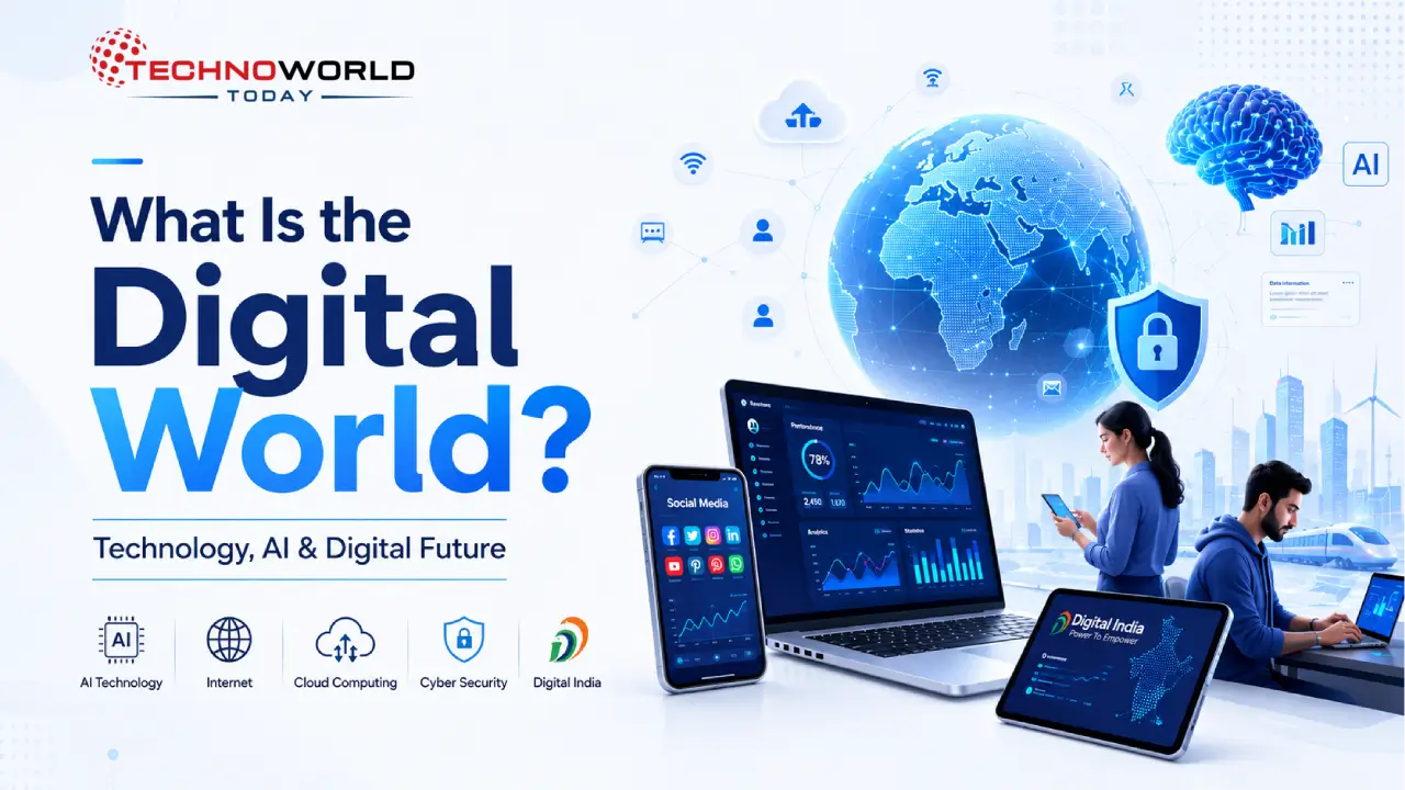 Modern digital world featured image with AI technology, cybersecurity, cloud computing, digital globe, smartphone, laptop analytics dashboard, and futuristic online communication concept.
